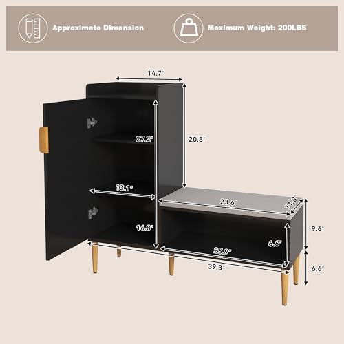 Image of Storage Bench with Fluted Door&Shelf, L-Shaped Entryway Bench | Black Modern Living Room Bench with Padded Seat, Small Shoe Organizer Cabinet for Hallway, Office