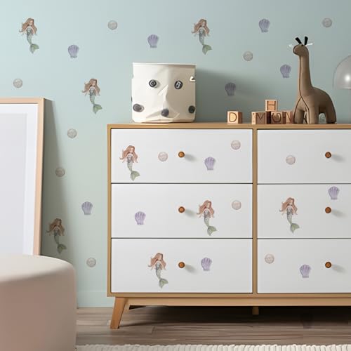 Image of Mermaid Wall Stickers for Girls Room - 4 Sheets 40 Pcs Boho Mermaid Seashell Pearl Wall Decals Peel and Stick Scatter Wall Art Baby Girl Bedroom Nursery Gift Fairy Tale Wall Art