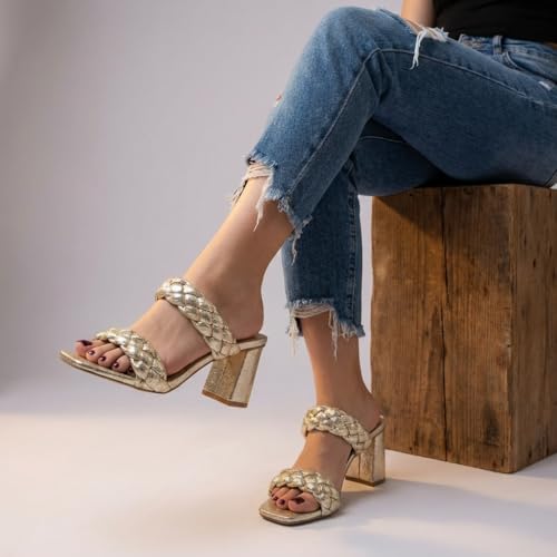 Image of Dunes Iris Chunky Braided Heel Sandals for Women, Block Heel Square Toe Summer Sandals with Memory Foam