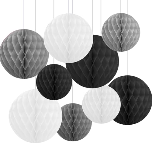 9 Pack Tissue Paper Honeycomb Balls, Poms Birthday Baby Shower Wedding Decorations (Grey Black Shade)