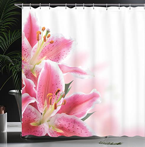 ABAKUHAUS Pink and White Shower Curtain, Florist Theme with Lilies Close up a Fresh Bouquet for the Loved Ones, Cloth Fabric Bathroom Decor Set with Hooks, 86 Inches Extra Long, Pink Orange Green - Image 3