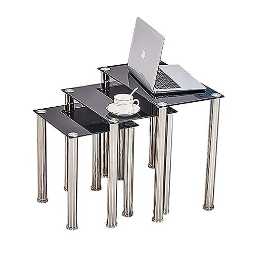 BOJU 3 Nest of Tables Set Black Rectangular Glass for Living Room Home Small Table Bedroom Coffee Sofa Side End Table Nesting of 3 Glass Top Chrome Leg