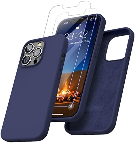 ENSKKO [5 in 1] Designed for iPhone 13 Pro Silicone Case, and 2 Pack Screen Protector + 1 Phone Stand + 1 Wiping Cloth, Liquid Silicon 13Pro Shockproof Slim 6.1" Cover with Microfiber, Midnight Green