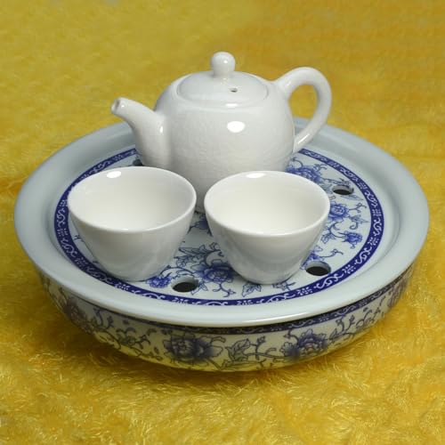 Image of Porcelain Tea Tray, 10 inch Double-Layer Ceramic Tray Round for Tea Coffee Serving Table (Blue and White Peonies)