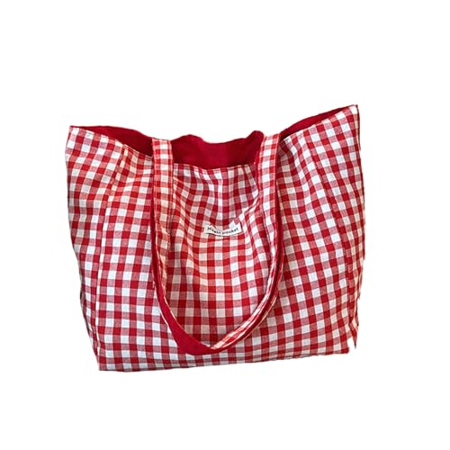 Bolso tote gingham de gran capacidad para mujer, bolsa de hombro a cuadros ligera de lona, bolso de mano para viaje miniatura 1