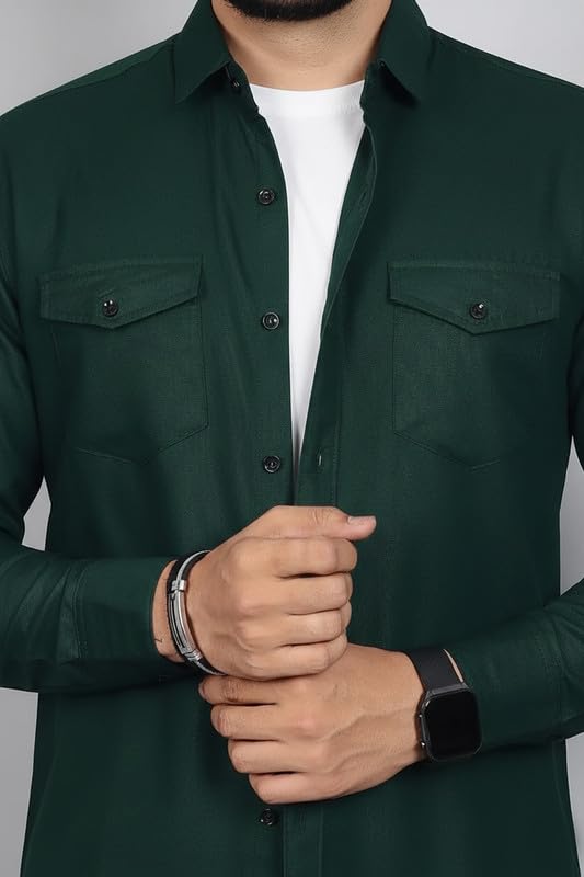 Image of DEELMO Men Solid Slim Fit Casual Overshirt Style Shirt | Full Sleeve Button-Down Layering Shirt Smart Casual Look