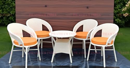Image of India Outdoor Indoor 4+1 Piece All Weather Wicker Patio Chair and Table Set with Iron Frame for Balcony Garden Poolside Deck (Cream with Light Orange Cushion)