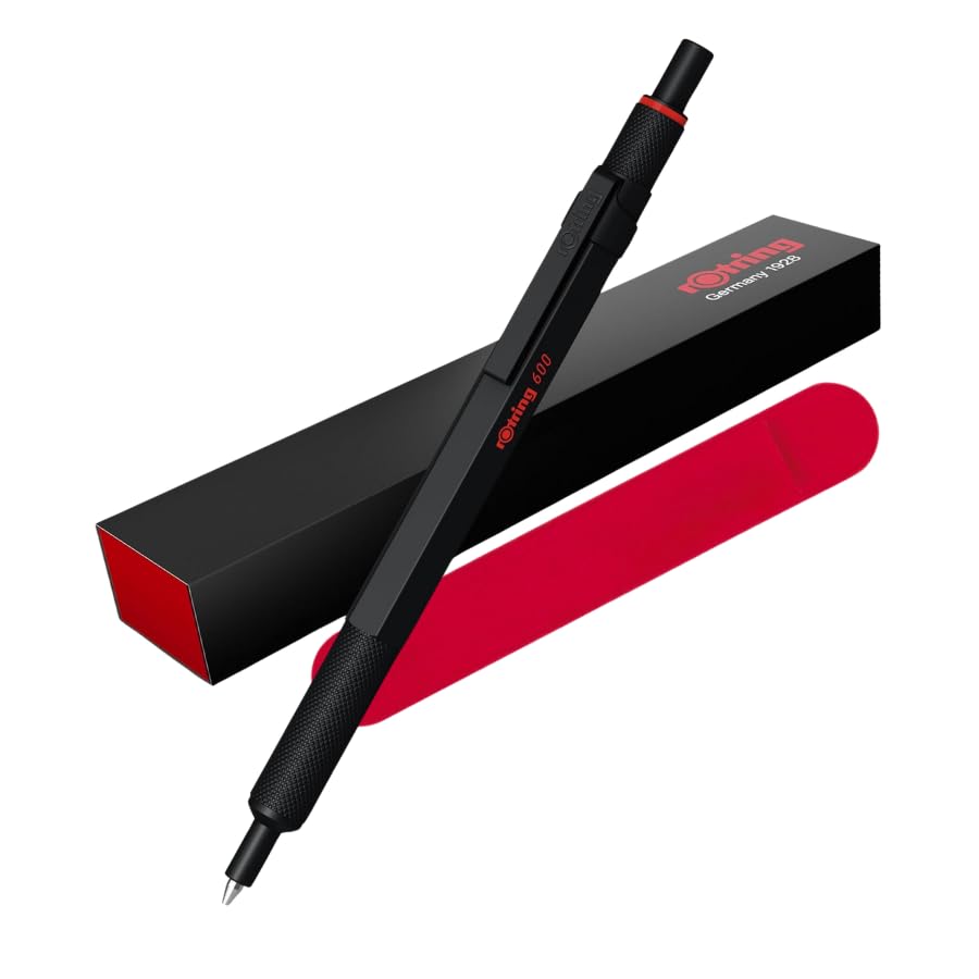 rOtring 600 Gel Pen & Velvet Case | 0.55 mm | Black Ink | Black Metal Body Pen | Non-Slip Knurled Grip & Hexagonal Barrel | Refillable