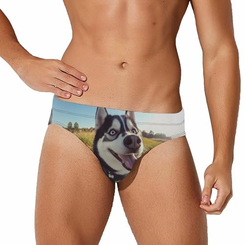 Husky Dog Printed Swim Briefs for Men Sexy Bikini Swimwear Elastic Beach Trunks Bathing Suit