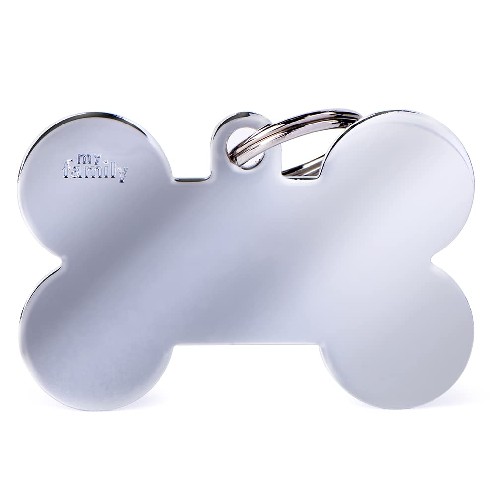 MyFamily Personalized Pet ID Tag Made in Italy, XL Bone, Free Engraving, Chromed Brass, Basic Collection, 48X31 mm