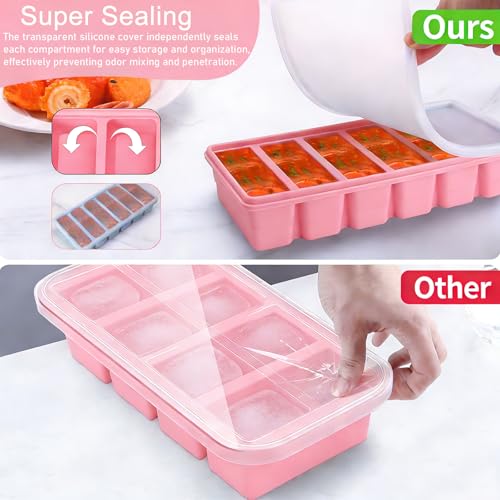 Image of 1 /2 Cup Covered Silicone Freezer Tray, 2-Piece Set Of Silicone Freezer Molds, Used For Preparing And Freezing Various Sauces And Other Dishes, Making 12 Portions Cube Pink