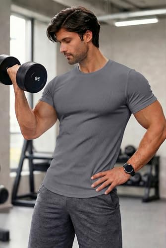 Image of JMIERR Mens Short Sleeve T Shirt Summer Muscle Slim Fitted Crewneck Longline Tees Shirts for Gym Workout