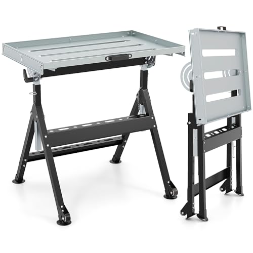 Goplus Folding Welding Table Welding Workbench w/ 78 x 51 cm Tabletop 2 Fixed Wheels & 4-Level Height & 5 Tilting Angles Welding Working Table w/ 3 Slots & 2 Tool Racks 400 LBS Max Load