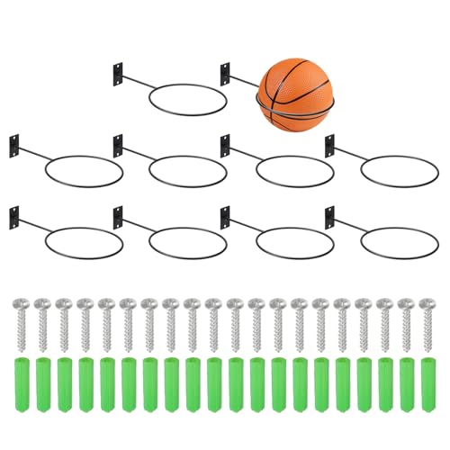 PATIKIL 5 Inch Ball Holder Wall Mount, 10 Pack Ball Display Wall Storage with Screws for Basketball Football Volleyball Display Decor Storage Ring Planter, Black/Silver Tone, 4mm Thick