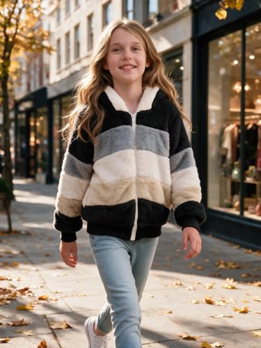 Image of Girls Fleece Jackets Kids Sherpa Fuzzy Zip up Hoodie Fall Winter Contrast color Pullover Sweatshirt 4-12 Years