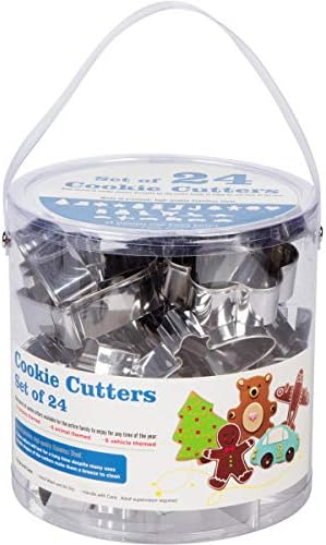 Cookie Cutter 24 pc Assorted Set - Storage Basket Included - Premium Stainless Steel - 6 Vehicle, 6 Animal, 6 All Season, 6 Holiday themed Cutters