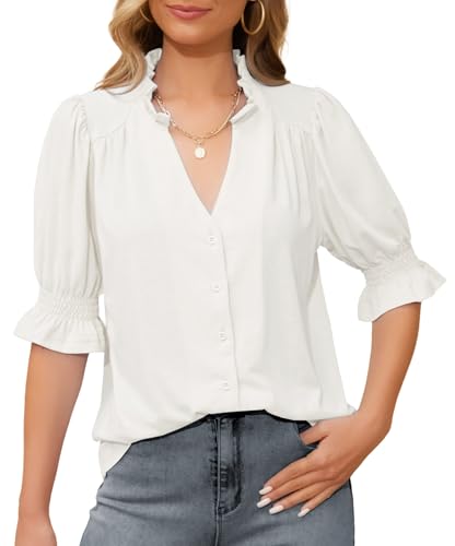 Women's Button Down Shirts Short Puff Sleeve V Neck Cute Dressy Casual Blouse Tops White