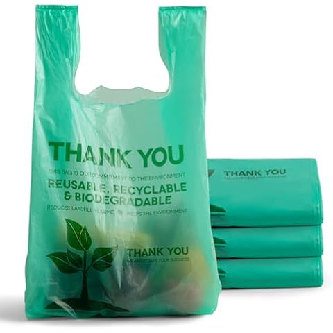 FMP Brands 500 Count Eco Biodegradable Plastic Grocery Bags with Handles, T-Shirt Thank You Shopping Bags, Reusable Plastic Shopping Bags Bulk for Small Business, Restaurant, Groceries, Supermarket Cover