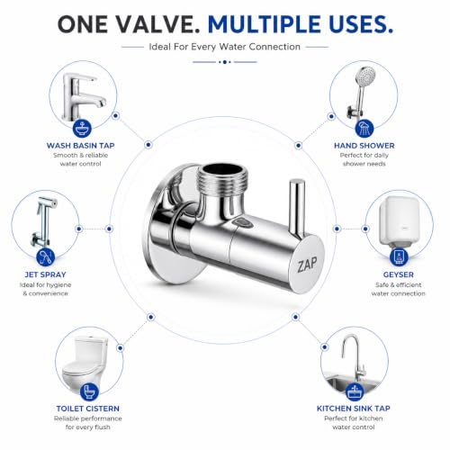 Image of ZAP Brass Angle Valve with Wall Flange | Chrome Finish Stop Cock for Basin Tap, Geyser, Jet Spray & Hand Shower | Heavy Duty Water Control Valve | Rust & Corrosion Resistant