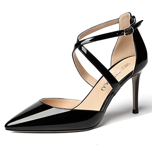 MODENCOCO Women's Cut Out Criss Cross Strap Patent Pointed Toe Stiletto High Heel Pumps Shoes 3.5 Inch
