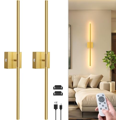 NIORSUN 28 Inch Battery Operated Wall Sconce Set of 2, 360° Rotation Gold Rechargeable Wall Lights with Detachable Tube and Remote, 3CCT Dimmable Wireless Wall Lamp for Living Room Bedroom Hallway