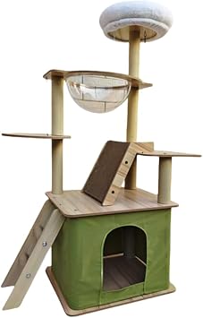 Spaceship Design Compact Cat Tower Integrated Space Saving Cat Furniture with Hammock Cat Bed + Claw Sharpener + Observation Stand Wooden Construction Safe for Large Cats, Stylish Cat