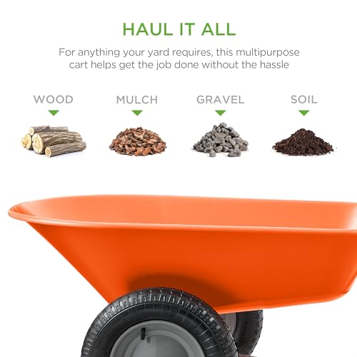 Image of Best Choice Products Dual-Wheel Home Utility Yard Wheelbarrow Garden Cart w /Built-in Stand for Lawn, Gardening, Construction - Orange