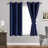 ROSETTE Blackout Curtains with Tiebacks - Thermal Insulated, Light Blocking and Noise Reducing Grommet Curtain Drapes for Bedroom and Living Room, Set of 2 Panels, 38 x 45 Inch Length, Navy Blue