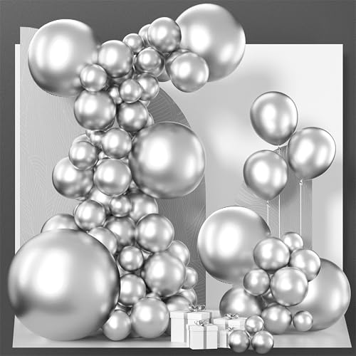 Image of PartyWoo Metallic Silver Balloons, 127 pcs Silver Balloons Different Sizes Pack of 36 18 12 10 5 Inch Silver Balloons Arch Kit Balloon Garlandfor Birthday, Graduation, Party Decorations, Silver-G102