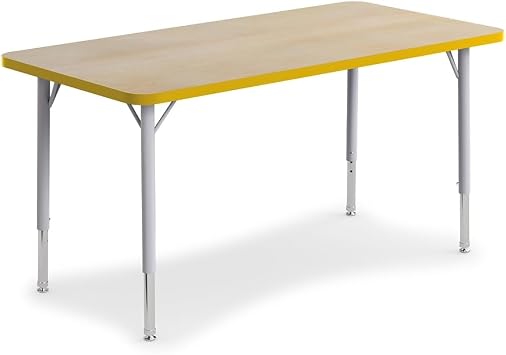 NBF Curriculum Rectangular Student Activity Table - Height Adjustable School Desk with Maple Laminate Top & Yellow Edge Banding - Classroom Activity Table with Powder-Coated Steel Frame