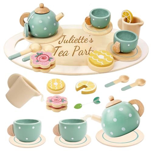 Custom Name Toddler Toys Tea Set for Kids, 15 Pcs Wooden Afternoon Tea Play Set for Little Girls Boys Princess Tea Party Time Toy Kitchen Pretend Play, Gifts for Daughter Son