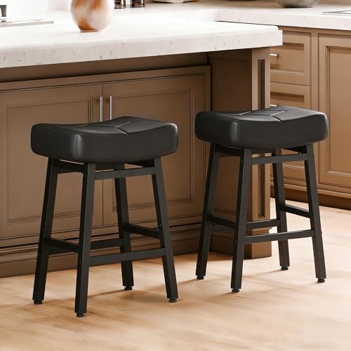 LONXIU Counter Height Bar Stools Set of 2, 26 Inch Backless BarStools for Kitchen Island Leather Saddle Bar Chairs Kitchen Stools with 4 Thick Seats & Heavy Duty Metal Base, Black