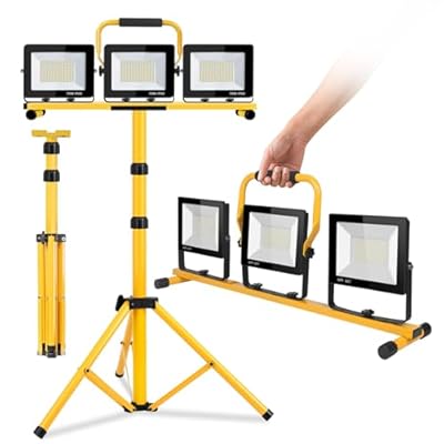22000 Lumen Work Lights with Stand, 3 Adjustable Head LED Work Light, with Adjustable and Foldable Tripod Stand, Waterproof Lamp with Individual Switch with 6500 Kelvin Color ?3head Yellow?