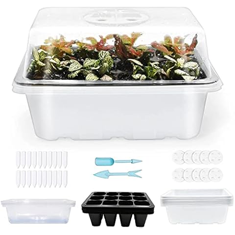 SibyTech 10-Pack Seed Starter Trays Seedling Trays Garden Growing Starting Tray with Humidity Adjustable Dome Base for Seeds Starting Greenhouse Plant Tags Hand Tool Kit Cover