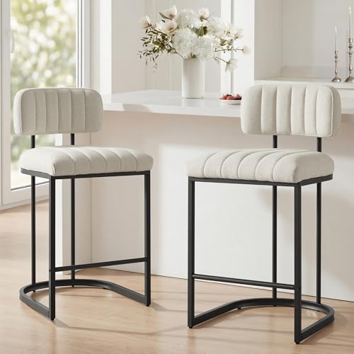 26" Counter Height Bar Stools Set of 2, Modern Linen Fabric Upholstered Kitchen Island Chairs with Back, Black Metal Frames, Linen by KISLOT - Used condition - US$129.42
