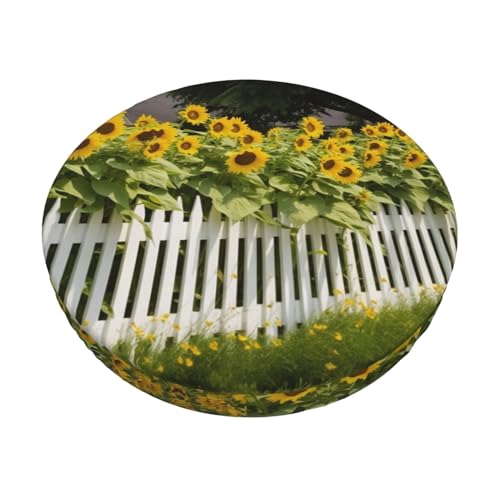VTCTOASY Sunflowers White Picket Fence Print Round Stool Covers Washable Seat Covers Elastic Bar Chair Covers for Dining Room Bar 14 inch