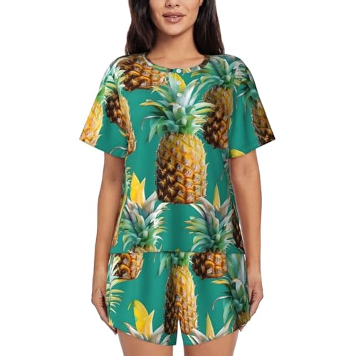 Pyjama court deux pièces femme ananas tropical haut col rond manches courtes et short doux