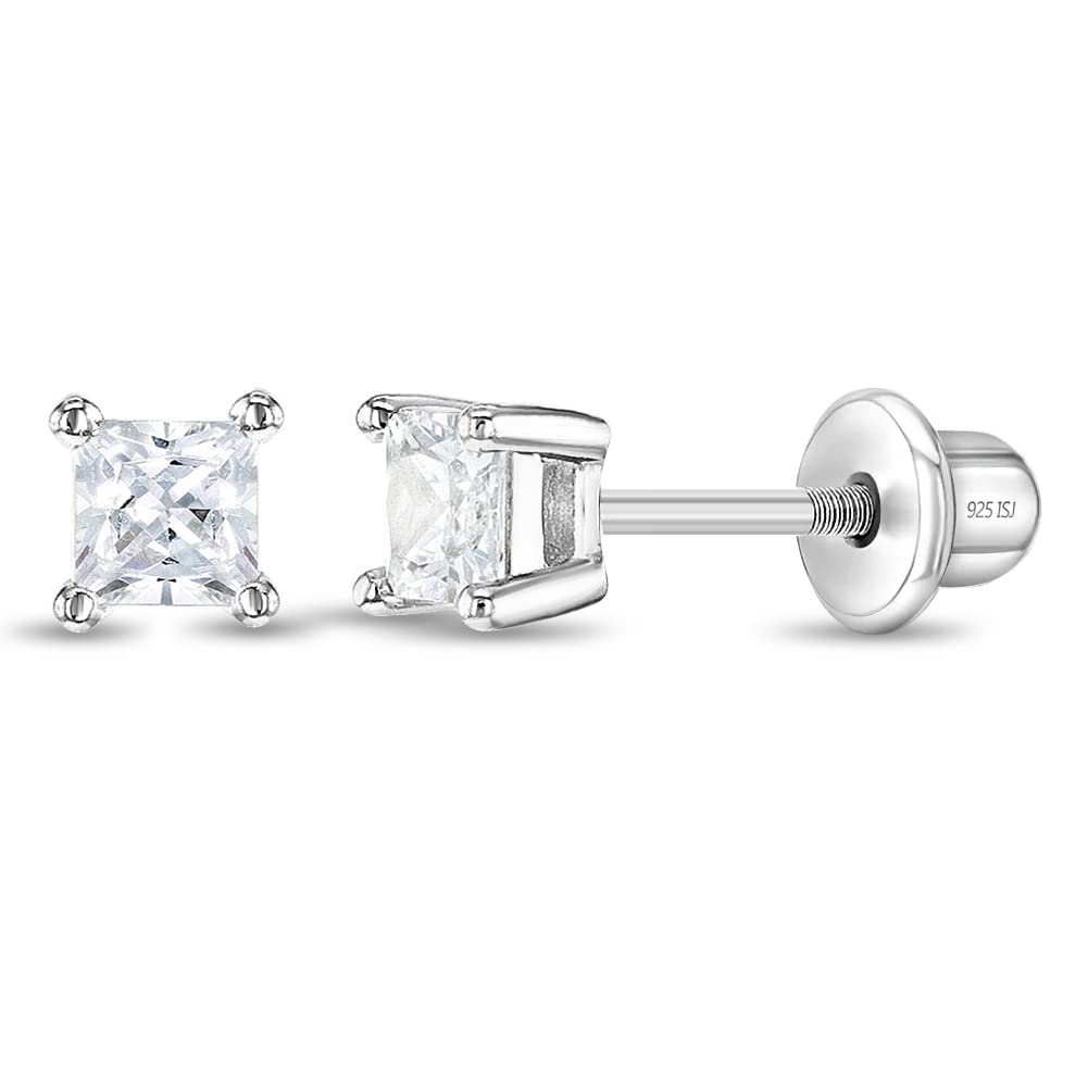 925 Sterling Silver Beautiful Square-Shaped Prong Set Clear Cubic Zirconia 3mm Princess Cut Stud Screw Back Locking Earrings Best for Babies, Toddlers
