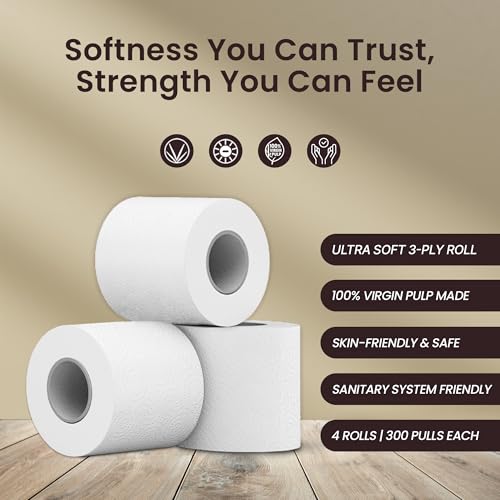 Image of Claret Ultra Soft 3-Ply Virgin Pulp Toilet Rolls | 300 Pulls Each Skin-Friendly | 4 Rolls in 1 Pack | OBA-Free | Sanitary System Friendly (Pack Of 4 Rolls)