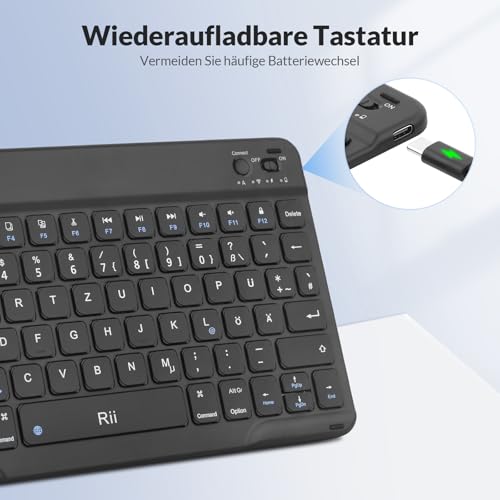 Rii Bluetooth Tastatur für Tablet, Tragbare Slim Tastatur mit Scissor-Mechanismen, Wiederaufladbar, QWERTZ Layout, Kompatibel mit iPad/Android/Windows, Schwarz 4