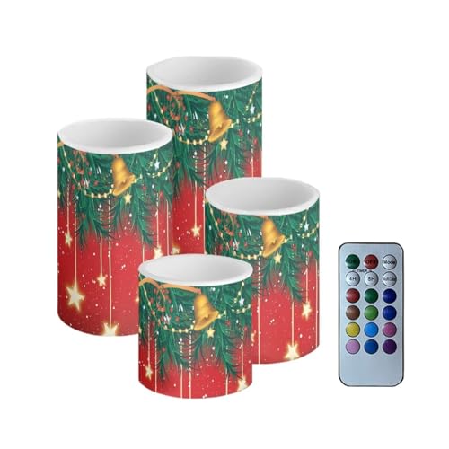 Image of Set of 4 Flameless LED Candles with Battery Powered Pillar Candles Tealights with Remote Timer Color Changing Christmas Bulb Lights Red