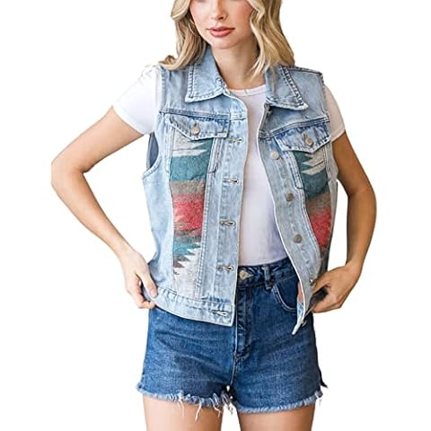 Unilexi Women's Aztec Denim Vest Distressed Lapel Button Down Cropped Jean Vest Sleeveless Jean Jacket, Red, XS Cover