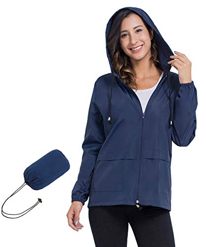 JTANIB Women's Lightweight Packable Waterproof Hooded Rain Jacket S-XXL Navy Blue