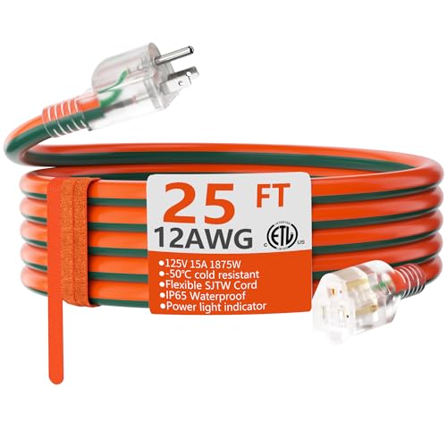 HUANCHAIN 12 Gauge 25 ft Outdoor Extension Cord with Lighted End Heavy Duty Flexible Cold-Resistant 3 Prong Electric Cord Waterproof Outside 15Amp 1875W 12AWG SJTW Orange Green ETL