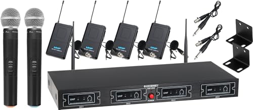 McGrey UHF-2V4I Quad Funk Mikrofon Set mit 50m Reichweite (Wireless Komplettset mit 2 x Handmikrofon, 4 x Lavaliermikrofon, 4 x Taschensender, Instrumentenfunk, 6,3mm Klinke Ausgang) schwarz
