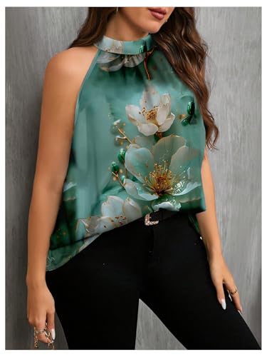 Image of RoseSeek Women's Tropical Paisley Halter Blouse Boho Shirt Vacation Tops