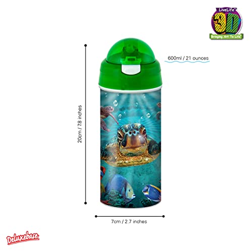 3D LiveLife Butelka do picia – Tiny Bubbles firmy Deluxebase. Soczewkowa butelka na wodę z żółwiem morskim 3D ze słomką. Butelka na napoje dla dzieci o pojemności 600 ml z oryginalną grafiką