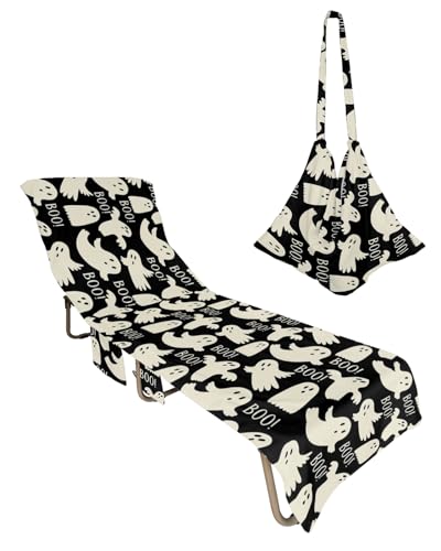 Halloween Beach Lounge Chair Towel Cover, Soft Chaise Lounge Towel with Side Pockets Patio Pool Chairs Cover for Beach/Pool Sunbathing 29x85 Watercolor Boo Ghost Classic Black