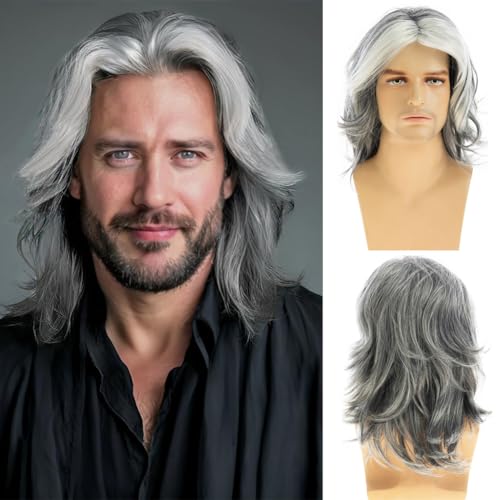 Baruisi Mens Wig Grey Long Straight Synthetic Heat Resistant Costume Cosplay Hair Wig