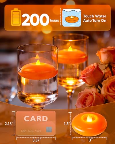 Image of Homemory 12 Pack 3 inch Flameless Led Floating Candles, 200 Hour Orange Battery Operate Waterproof Tealights for Cylinder Vases, Centerpieces at Wedding Decor, Party, Pool